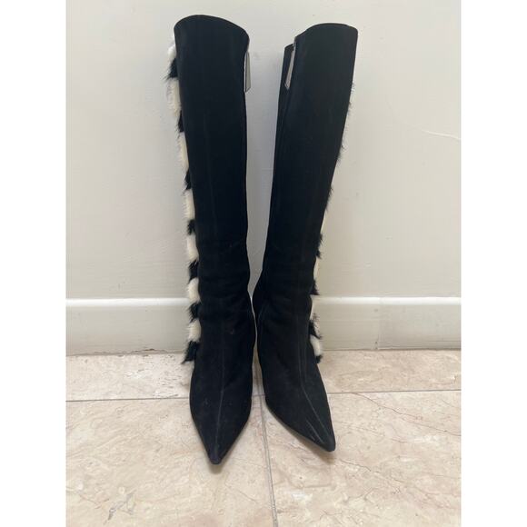 Black Suede Escada Boots with Mink Trim - Picture 3 of 7